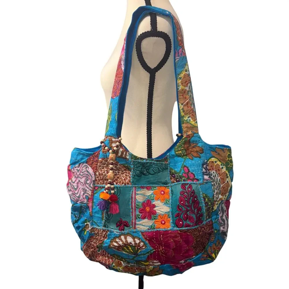 Tribe Azure Boho Patchwork Oversized Tote Bag Blue Handcrafted Embroidered - Picture 2 of 10